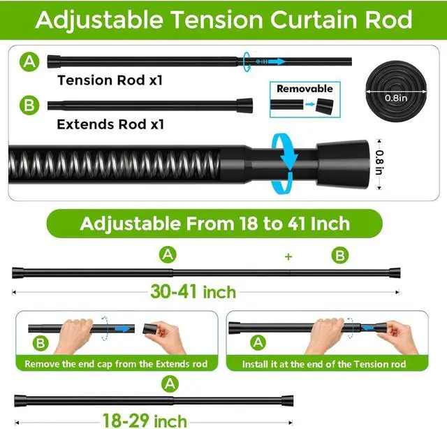 Alt view image 3 of 7 - Spring Tension Rod 18-41", No Drilling Adjustable Black Curtain Rods | 18-29 and 30-41 Inch 2 Sizes Mode, Spring loaded, extendable short rod. For small windows, kitchen, doorway