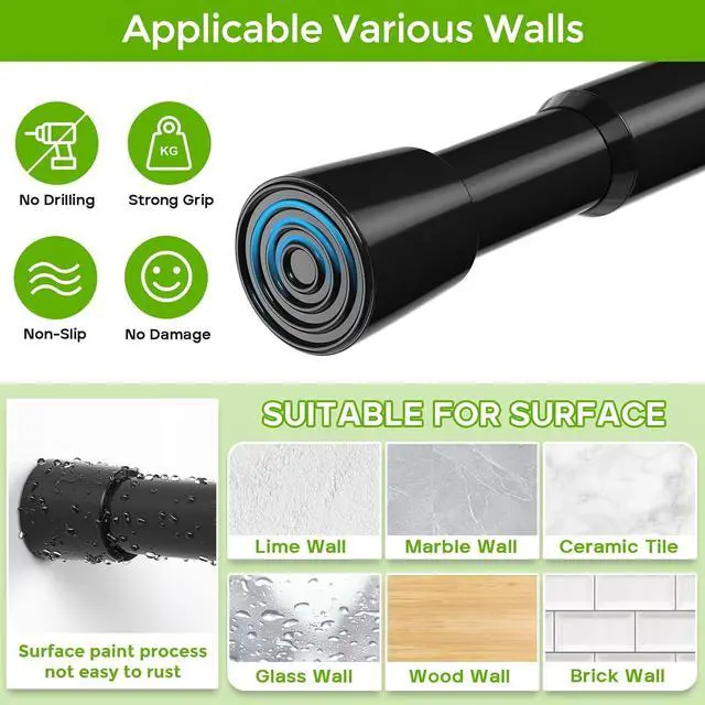 Alt view image 5 of 7 - Spring Tension Rod 18-41", No Drilling Adjustable Black Curtain Rods | 18-29 and 30-41 Inch 2 Sizes Mode, Spring loaded, extendable short rod. For small windows, kitchen, doorway