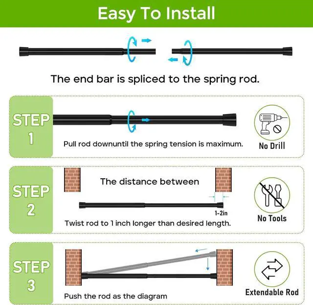 Alt view image 6 of 7 - Spring Tension Rod 18-41", No Drilling Adjustable Black Curtain Rods | 18-29 and 30-41 Inch 2 Sizes Mode, Spring loaded, extendable short rod. For small windows, kitchen, doorway