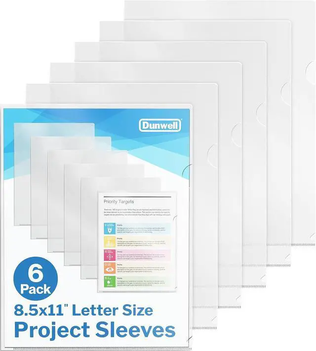 Main image of Dunwell Clear Folders for Documents, Plastic 8.5x11 File Sleeves, 6 Pack | Document Protection, Filing, Storage, Organization, Transparent Pockets, Durable Letter Size Holder