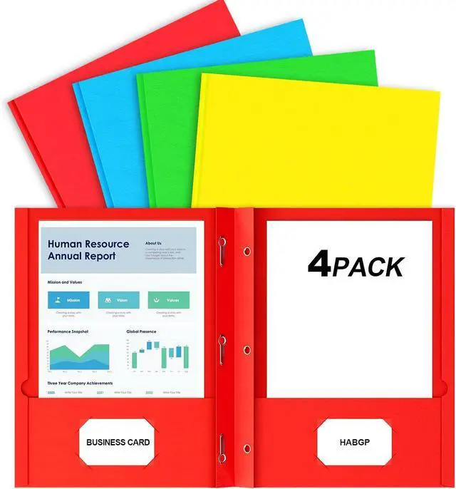 Main image of 4 Pack Folders with Pockets and Prongs, 2 Pocket Folders with 3 Fasteners | Heavy Duty Paper Pocket Folders, for 8.5" x 11" Paper, for School Office Home, 4 Assorted Colors