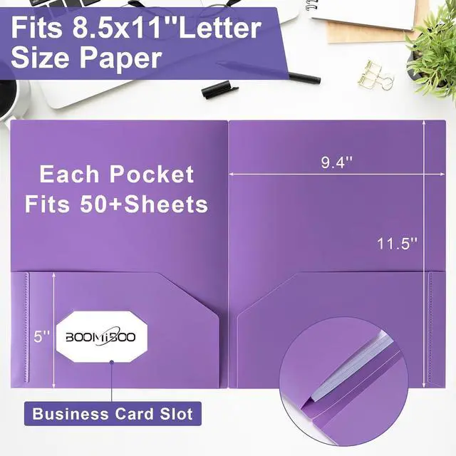 Alt view image 2 of 7 - BOOMIBOO Colored Plastic Folders with Pockets (7 Pack, Assorted Colors) | Durable Heavy Duty File Folders with Business Card Slot, 2 Pocket Folders for Schoolwork & Office,Letter Size