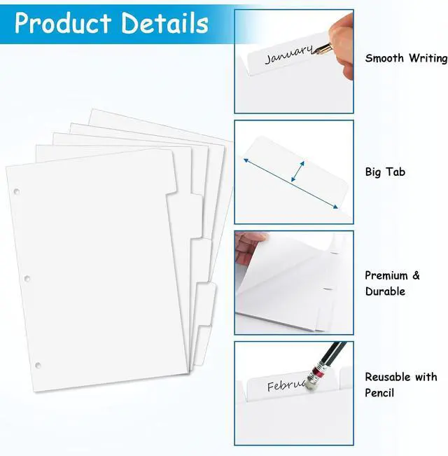 Alt view image 3 of 7 - Binder Dividers for 3 Ring Binder, 1/5 Cut Tabs, Letter Size Blank Dividers | Write On Page with 5 Big Tabs for School Office Home , 4 Sets, 20 Dividers, White