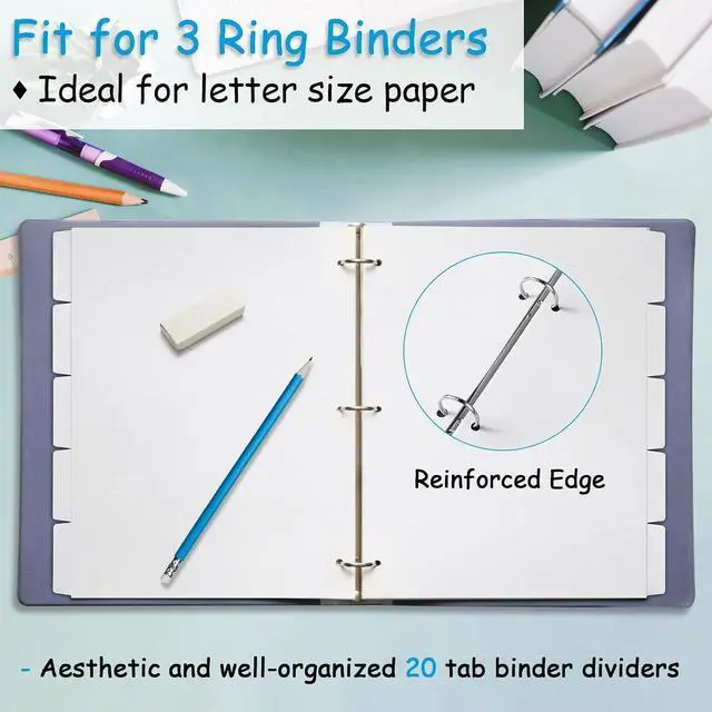 Alt view image 4 of 7 - Binder Dividers for 3 Ring Binder, 1/5 Cut Tabs, Letter Size Blank Dividers | Write On Page with 5 Big Tabs for School Office Home , 4 Sets, 20 Dividers, White