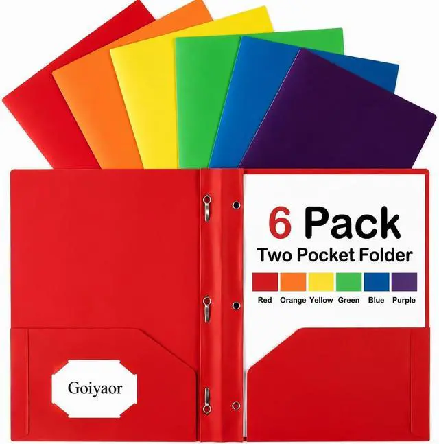 Main image of 6 Pack Plastic Folders with Pockets and Prongs, 2 Pocket Folders with Fasteners, Heavy Duty Poly Folders with Brads for 3 Hole Punched Paper, File Folders for School Office Home Organization