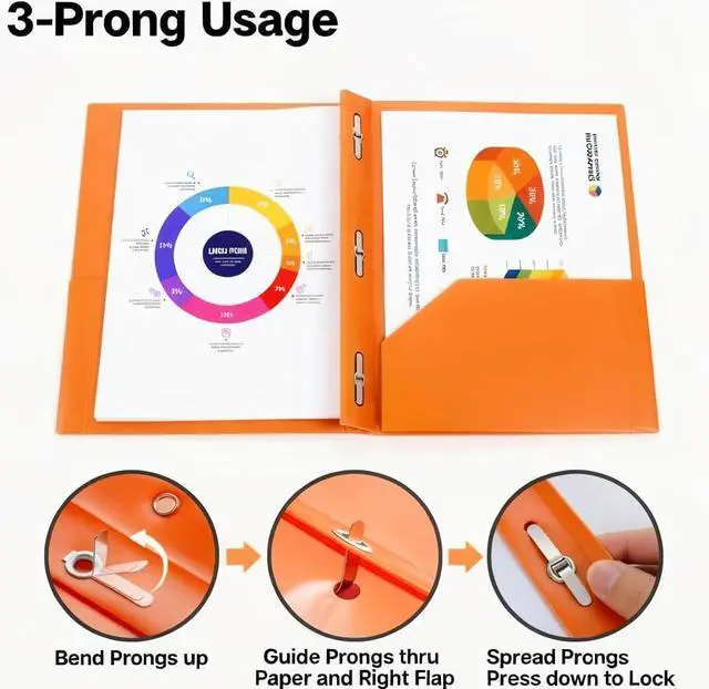 Alt view image 3 of 7 - 6 Pack Plastic Folders with Pockets and Prongs, 2 Pocket Folders with Fasteners, Heavy Duty Poly Folders with Brads for 3 Hole Punched Paper, File Folders for School Office Home Organization