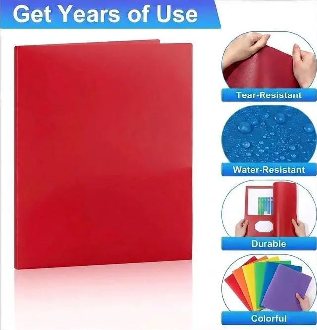 Alt view image 4 of 7 - 6 Pack Plastic Folders with Pockets and Prongs, 2 Pocket Folders with Fasteners, Heavy Duty Poly Folders with Brads for 3 Hole Punched Paper, File Folders for School Office Home Organization
