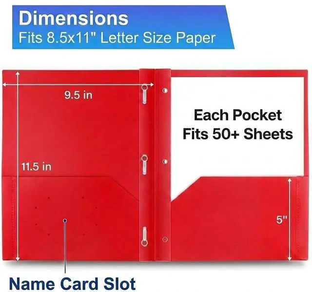 Alt view image 2 of 7 - 6 Pack Plastic Folders with Pockets and Prongs, 2 Pocket Folders with Fasteners, Heavy Duty Poly Folders with Brads for 3 Hole Punched Paper, File Folders for School Office Home Organization