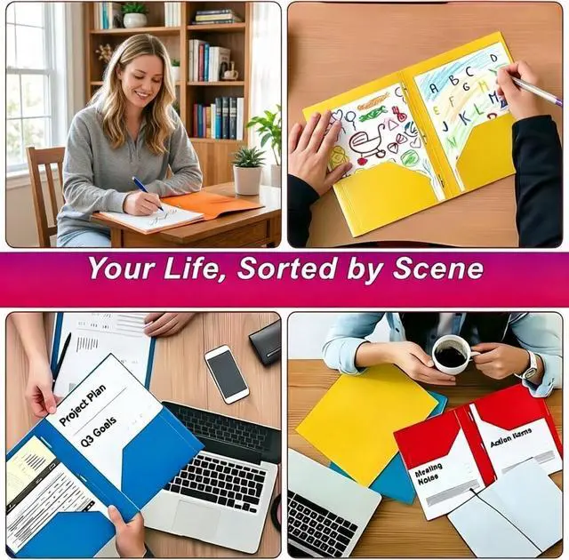 Alt view image 7 of 7 - 6 Pack Plastic Folders with Pockets and Prongs, 2 Pocket Folders with Fasteners, Heavy Duty Poly Folders with Brads for 3 Hole Punched Paper, File Folders for School Office Home Organization