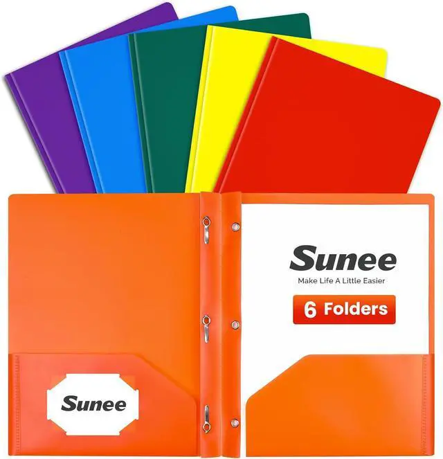 Main image of SUNEE 3-Prong Plastic Folders with Pockets (6 Pack, Assorted Colors) 2 Pocket Folders with Fasteners, Tear-Resistant Plastic Pockets, and Fit Letter Size Paper, Use for School Office Home Business