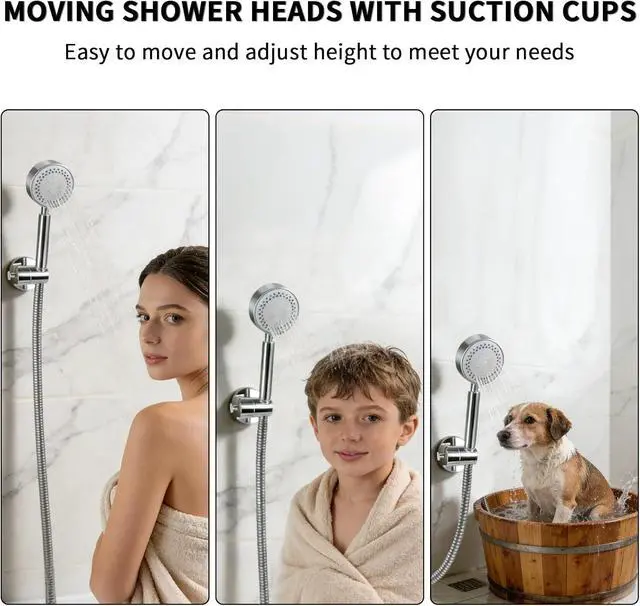 Alt view image 4 of 7 - Shower Head Holder with Suction Cup, Adjustable Wall Mounted Handheld Shower Wand Bracket Hose Holder with Hook for Bathroom, Removable & Rust-Resistant & Waterproof, No Drill, Silver
