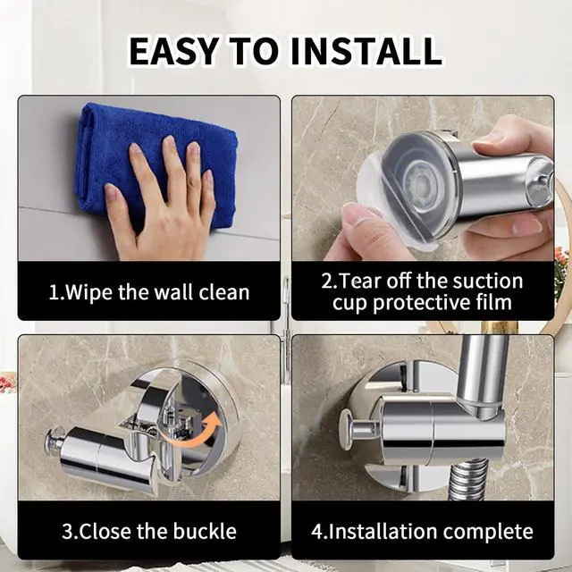 Alt view image 6 of 7 - Shower Head Holder with Suction Cup, Adjustable Wall Mounted Handheld Shower Wand Bracket Hose Holder with Hook for Bathroom, Removable & Rust-Resistant & Waterproof, No Drill, Silver