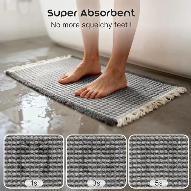Alt view image 3 of 7 - ArtyCozy Waffle Bath Mat Super Absorbent, 17"×24", Grey & White | Soft Non-Slip Boho Bath Rugs with Flat-woven Hot Glue Backing for Bathroom, Machine Washable Bath Mats