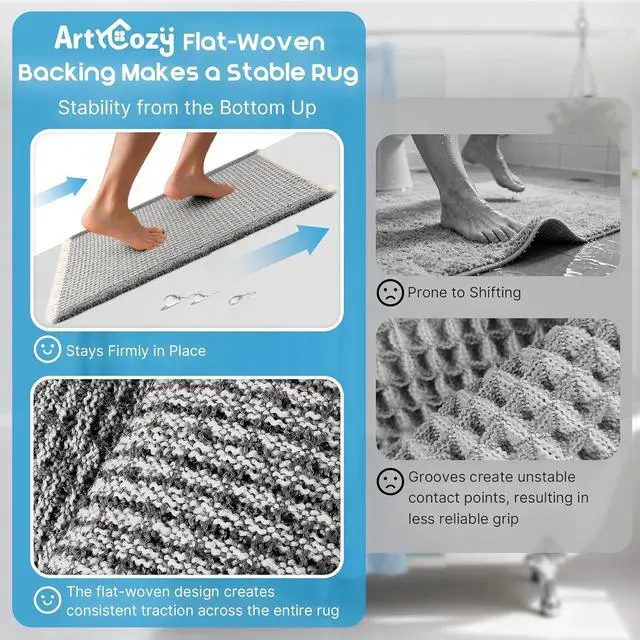 Alt view image 4 of 7 - ArtyCozy Waffle Bath Mat Super Absorbent, 17"×24", Grey & White | Soft Non-Slip Boho Bath Rugs with Flat-woven Hot Glue Backing for Bathroom, Machine Washable Bath Mats