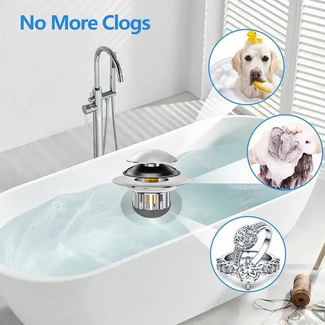Alt view image 3 of 7 - Bathtub Drain Stopper Universal, Pop Up Drain Stopper with Stainless Steel Strainer Basket Hair Catcher, Anti-Clogging Design, Leak-Proof Silicone Ring, for Bath/Sink (1 Pack Tub Drain Stopper)