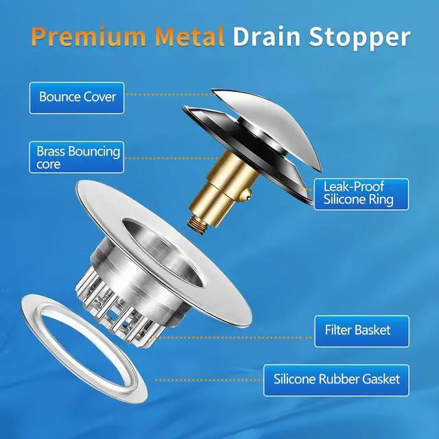 Alt view image 4 of 7 - Bathtub Drain Stopper Universal, Pop Up Drain Stopper with Stainless Steel Strainer Basket Hair Catcher, Anti-Clogging Design, Leak-Proof Silicone Ring, for Bath/Sink (1 Pack Tub Drain Stopper)
