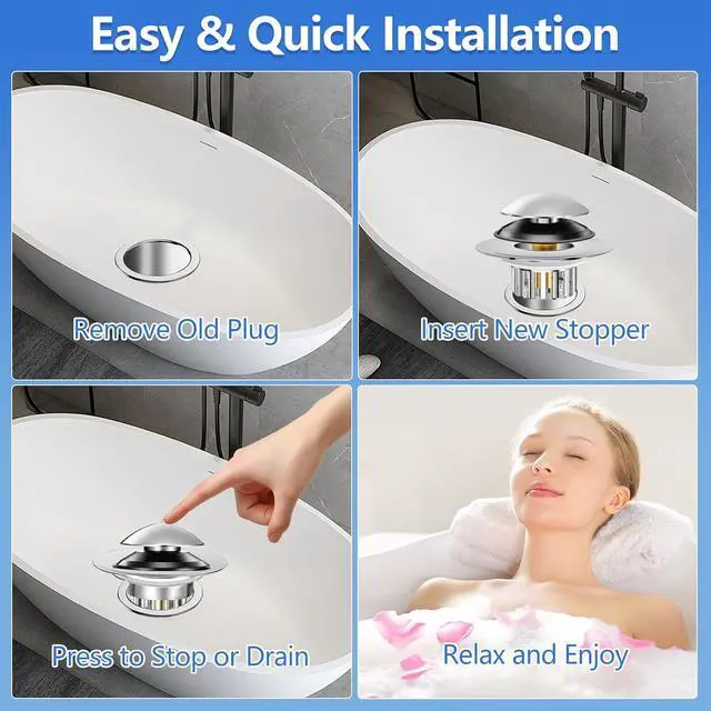 Alt view image 5 of 7 - Bathtub Drain Stopper Universal, Pop Up Drain Stopper with Stainless Steel Strainer Basket Hair Catcher, Anti-Clogging Design, Leak-Proof Silicone Ring, for Bath/Sink (1 Pack Tub Drain Stopper)