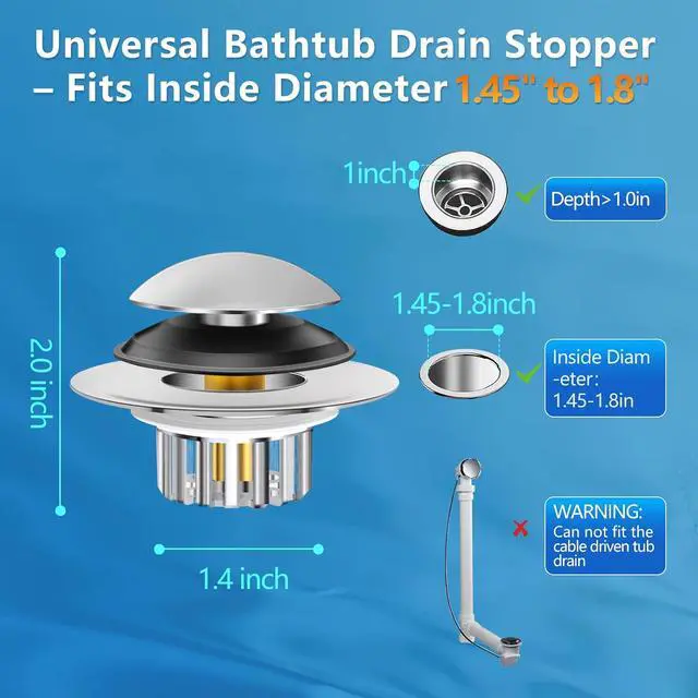 Alt view image 6 of 7 - Bathtub Drain Stopper Universal, Pop Up Drain Stopper with Stainless Steel Strainer Basket Hair Catcher, Anti-Clogging Design, Leak-Proof Silicone Ring, for Bath/Sink (1 Pack Tub Drain Stopper)