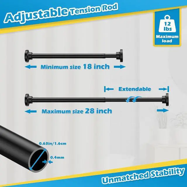 Alt view image 3 of 7 - Spring Tension Curtain Rod 18 to 28 Inch Adjustable Small Tension Rod No Drilling Short Black Curtain Rod Expandable for Window, Cupboard, Closet, Wardrobe, DIY Projects