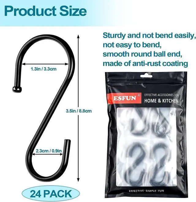 Alt view image 3 of 7 - ESFUN 24 Pack S Hooks, 3.5 Inch Heavy Duty S Hooks for Hanging Plant, Large Closet Rod Hooks for Jeans Bags, Black Metal S Shaped Hook for Plant Basket, Pots Pans Wire Shelf Rack, Utensils, Towels