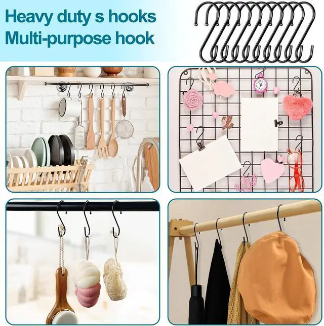 Alt view image 6 of 7 - ESFUN 24 Pack S Hooks, 3.5 Inch Heavy Duty S Hooks for Hanging Plant, Large Closet Rod Hooks for Jeans Bags, Black Metal S Shaped Hook for Plant Basket, Pots Pans Wire Shelf Rack, Utensils, Towels