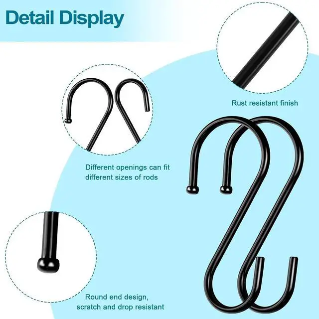 Alt view image 7 of 7 - ESFUN 24 Pack S Hooks, 3.5 Inch Heavy Duty S Hooks for Hanging Plant, Large Closet Rod Hooks for Jeans Bags, Black Metal S Shaped Hook for Plant Basket, Pots Pans Wire Shelf Rack, Utensils, Towels