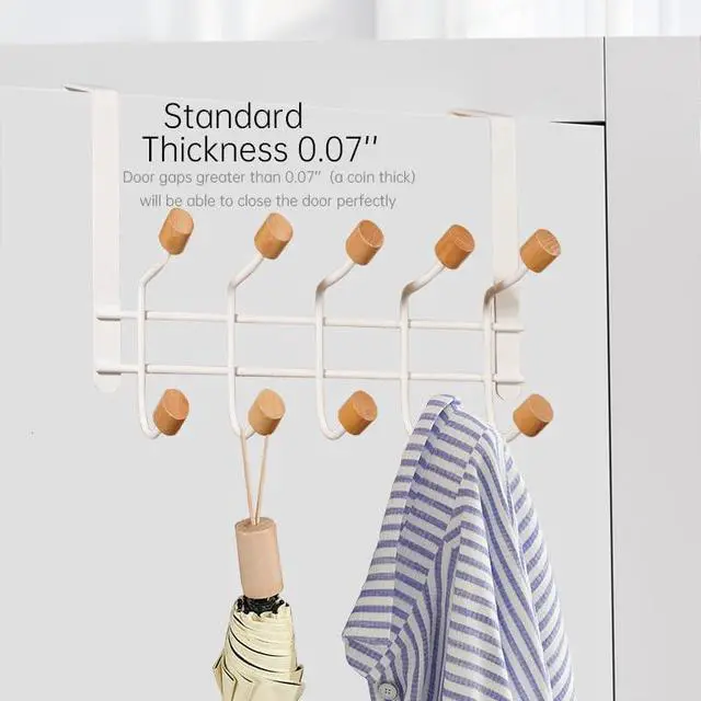 Alt view image 5 of 6 - HYMIKO Over The Door Hooks,2 Packs Sturdy Metal Over Door Wooden Hooks Organizer Rack for Hanging Coats Hats Robes Towels,Bathroom Bedroom Door Hangers - White