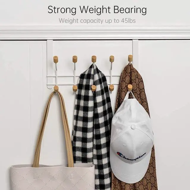 Alt view image 6 of 6 - HYMIKO Over The Door Hooks,2 Packs Sturdy Metal Over Door Wooden Hooks Organizer Rack for Hanging Coats Hats Robes Towels,Bathroom Bedroom Door Hangers - White