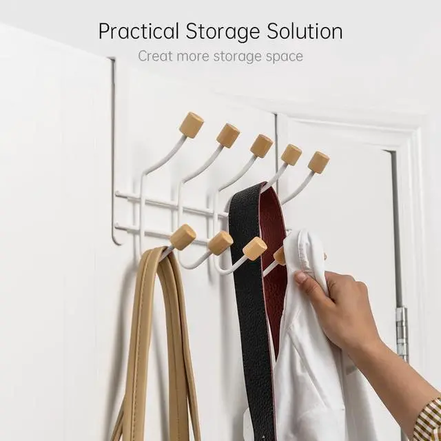 Alt view image 2 of 6 - HYMIKO Over The Door Hooks,2 Packs Sturdy Metal Over Door Wooden Hooks Organizer Rack for Hanging Coats Hats Robes Towels,Bathroom Bedroom Door Hangers - White