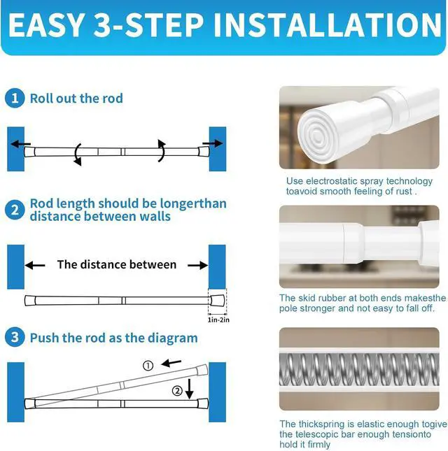 Alt view image 5 of 6 - AIZESI Tension Curtain Rod for Windows 26.5 to 36 inch, White | Adjustable Expandable Pressure Spring Curtain Rods No Drilling, Tension Rod for Doorway Closet Door