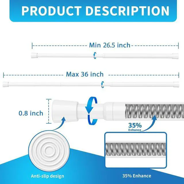 Alt view image 4 of 6 - AIZESI Tension Curtain Rod for Windows 26.5 to 36 inch, White | Adjustable Expandable Pressure Spring Curtain Rods No Drilling, Tension Rod for Doorway Closet Door