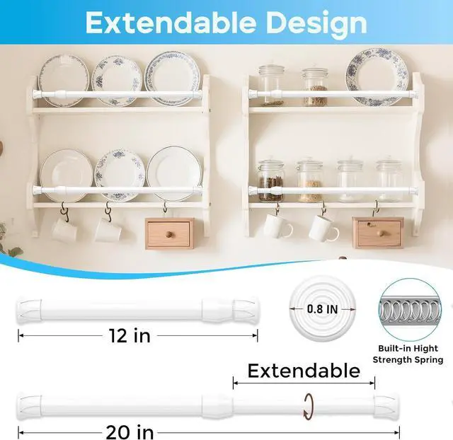 Alt view image 2 of 6 - Tension Curtain Rod 12-20inches Small Tension Rods White Adjustable Spring Tension Curtain Rods 2 Pack Mini Curtain Rod Short for Cupboard Closet Rod Kitchen Drawers No Drill Cupboard Cabinets