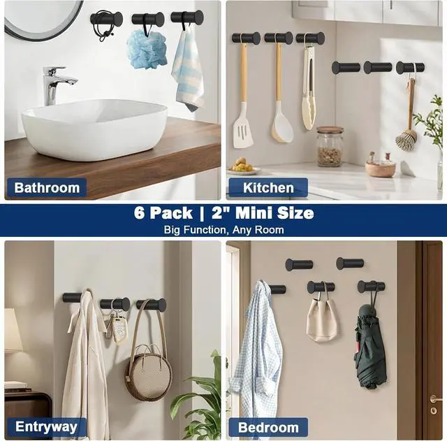 Alt view image 5 of 7 - NearMoon Towel Hooks, Coat Hooks - Modern Decorative Hat Hangers Wall Mounted, Heavy Duty Utility Pegs for Hanging Bag Clothes, 6 Pack (Matte Black)