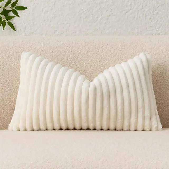 Main image of Kevin Textile Soft Plush 12x20 Inch Lumbar Pillow Cover 1 Pack, Luxury Fluffy Faux Fur Striped Flannel Rectangle Cushion Case for Couch Sofa Chair Bed Home Decor, Cream White