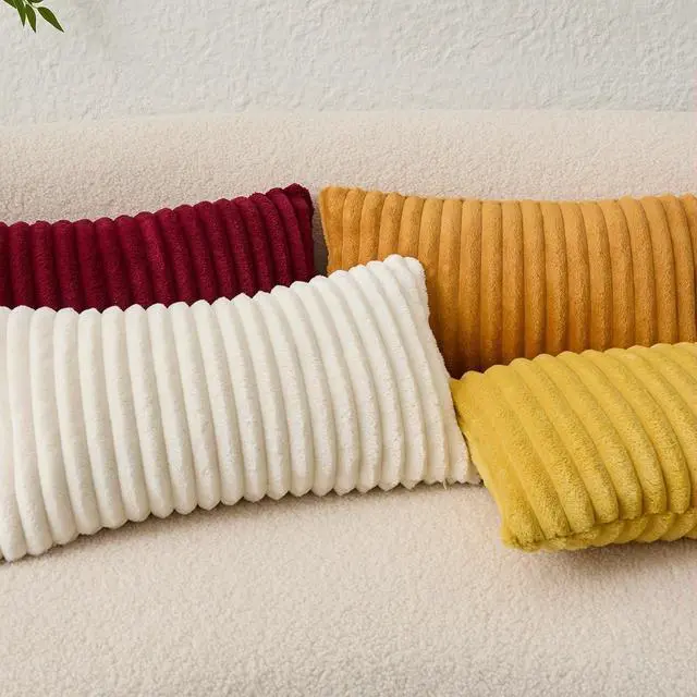 Alt view image 2 of 7 - Kevin Textile Soft Plush 12x20 Inch Lumbar Pillow Cover 1 Pack, Luxury Fluffy Faux Fur Striped Flannel Rectangle Cushion Case for Couch Sofa Chair Bed Home Decor, Cream White