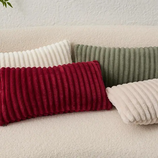 Alt view image 7 of 7 - Kevin Textile Soft Plush 12x20 Inch Lumbar Pillow Cover 1 Pack, Luxury Fluffy Faux Fur Striped Flannel Rectangle Cushion Case for Couch Sofa Chair Bed Home Decor, Cream White