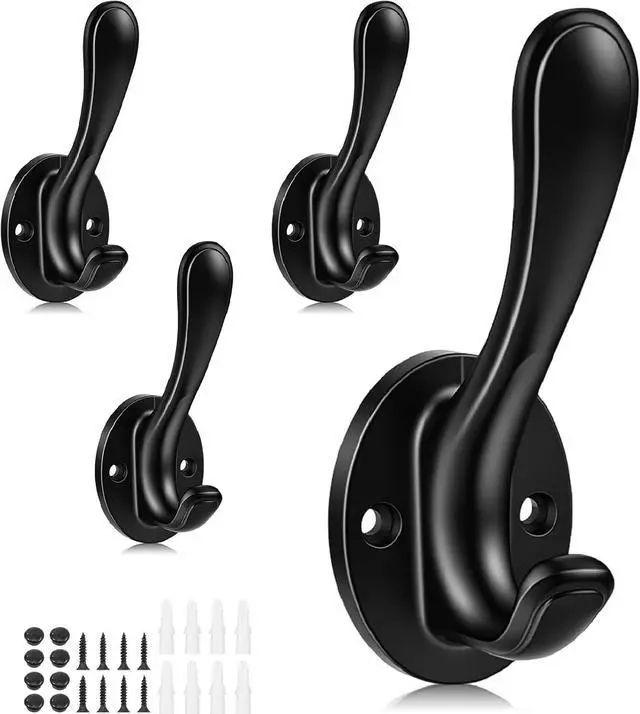 Main image of Dntorx 4-Pack Black Wall Hooks, Heavy Duty Metal Double Towel Hooks | Aluminum Alloy, Rust Resistant, 15 Lb Capacity, Wall Mounted, For Bathroom, Entryway, Closet Or Kitchen