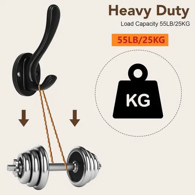 Alt view image 3 of 6 - Dntorx 4-Pack Black Wall Hooks, Heavy Duty Metal Double Towel Hooks | Aluminum Alloy, Rust Resistant, 15 Lb Capacity, Wall Mounted, For Bathroom, Entryway, Closet Or Kitchen