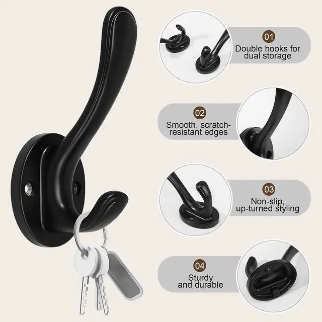 Alt view image 4 of 6 - Dntorx 4-Pack Black Wall Hooks, Heavy Duty Metal Double Towel Hooks | Aluminum Alloy, Rust Resistant, 15 Lb Capacity, Wall Mounted, For Bathroom, Entryway, Closet Or Kitchen