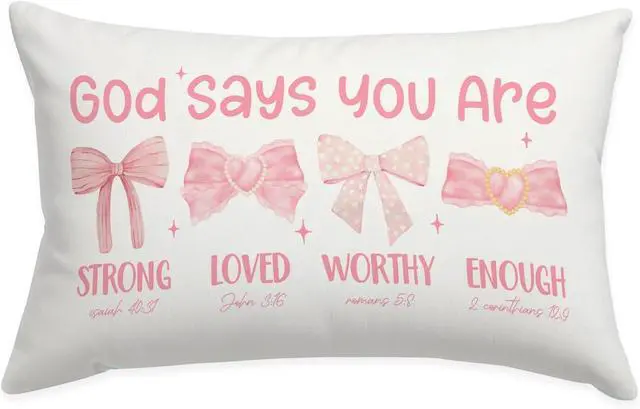 Main image of Pink 12x20 Throw Pillow Cover, Pink Bow Coquette Decorative | Christian Room Decor Gifts for Women Girls Teen, Inspirational Affirmations Decor, Bible Verse Bow Decor for Girls Room Dorm