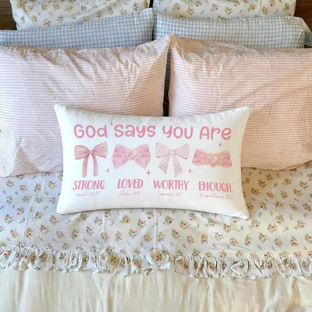 Alt view image 2 of 7 - Pink 12x20 Throw Pillow Cover, Pink Bow Coquette Decorative | Christian Room Decor Gifts for Women Girls Teen, Inspirational Affirmations Decor, Bible Verse Bow Decor for Girls Room Dorm