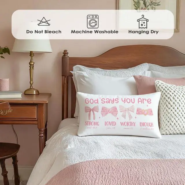 Alt view image 3 of 7 - Pink 12x20 Throw Pillow Cover, Pink Bow Coquette Decorative | Christian Room Decor Gifts for Women Girls Teen, Inspirational Affirmations Decor, Bible Verse Bow Decor for Girls Room Dorm