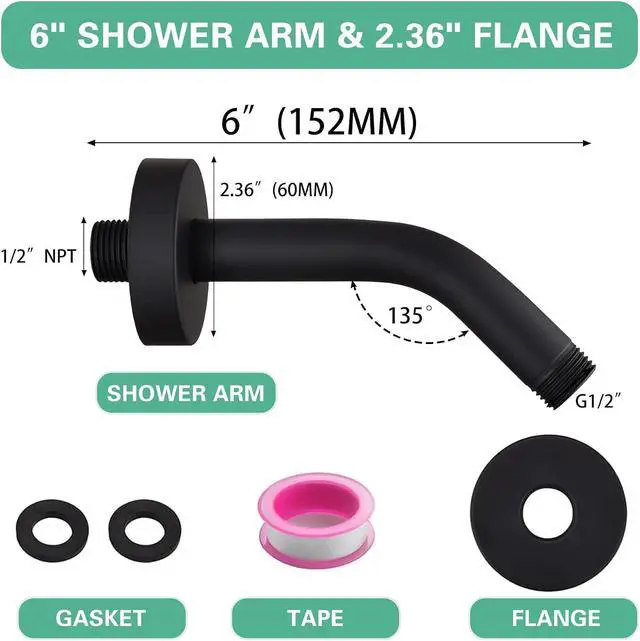 Alt view image 2 of 7 - Enoughtmen Shower Arm with Flange +Tape,Stainless Steel Shower Head Extension Arm,Wall-Mounted for Fixed Shower Head,6 Inch Matte Black