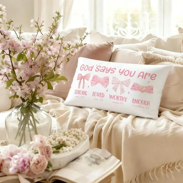 Alt view image 6 of 7 - Pink 12x20 Throw Pillow Cover, Pink Bow Coquette Decorative | Christian Room Decor Gifts for Women Girls Teen, Inspirational Affirmations Decor, Bible Verse Bow Decor for Girls Room Dorm