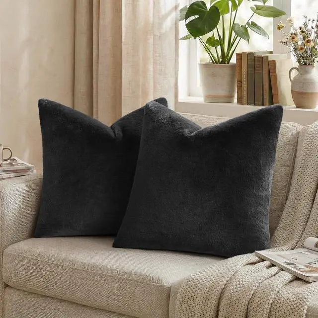 Alt view image 7 of 7 - Pallene Faux Fur Decorative Throw Pillow Covers 18x18 Set of 2, Black | Soft Plush Texture, Fuzzy Fluffy Feel, Cozy Modern Home Accent Pillow Covers for Couch, Sofa, Bed, Living Room