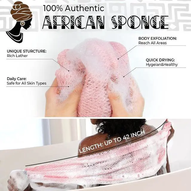 Alt view image 2 of 7 - Afro Scrubber African Net Sponge - 2 Pieces Authentic African Wash Cloths - Exfoliating Body Sponges for Showering Forest & BabyPink - Back Scrub Exfoliator Shower Loofah for Body Bath Accessories
