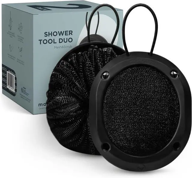 Main image of MainBasics Shower Tool Duo 2-in-1 Shower Loofah Sponge, 2 Pack, Black | Exfoliating Body Scrubber, Shower Scrubber, Deep Cleansing, Rich Lather