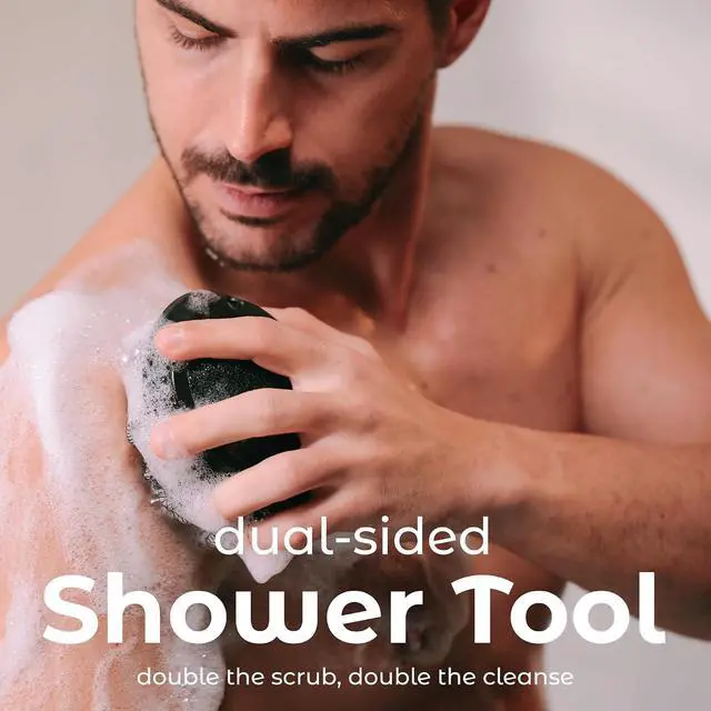 Alt view image 2 of 7 - MainBasics Shower Tool Duo 2-in-1 Shower Loofah Sponge, 2 Pack, Black | Exfoliating Body Scrubber, Shower Scrubber, Deep Cleansing, Rich Lather