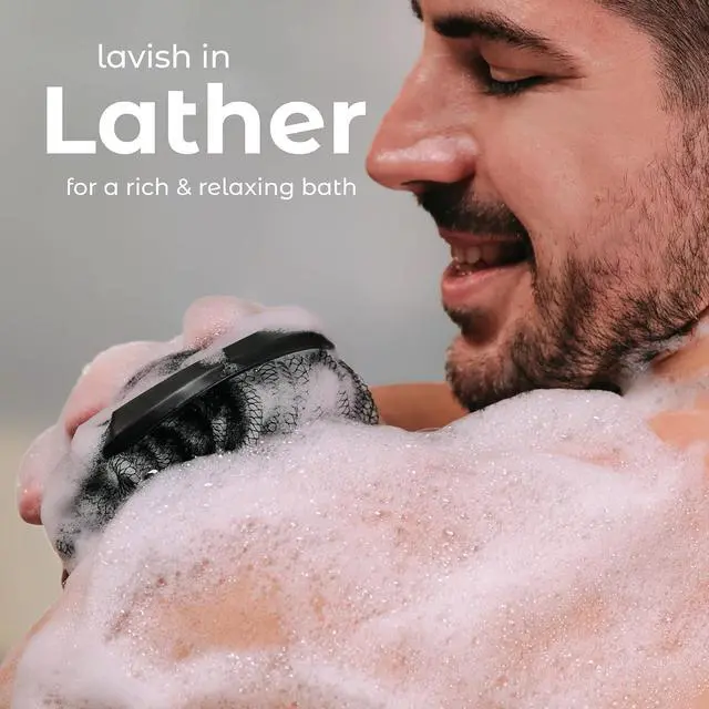Alt view image 4 of 7 - MainBasics Shower Tool Duo 2-in-1 Shower Loofah Sponge, 2 Pack, Black | Exfoliating Body Scrubber, Shower Scrubber, Deep Cleansing, Rich Lather