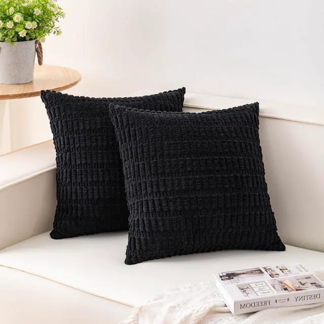 Main image of Aegero Pack of 2 Corduroy Decorative Throw Pillow Covers 18x18 Inch, Black | Fall Soft Striped Pillow Covers Modern Farmhouse Home Decor Christmas Throw Pillow Covers for Sofa Living Room Couch Bed
